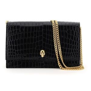 Alexander McQueen Croc-Embossed Leather Skull Crossbody Shoulder Bag Black Gold